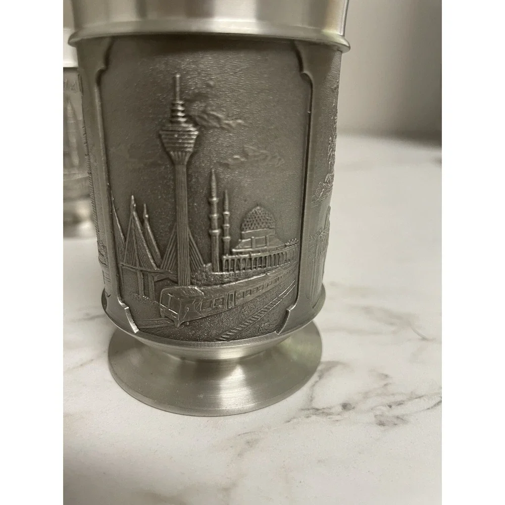 Pair of Vintage‎ Selwin Pewter Malaysia Souvenir Scenes Glasses Cups 3.5